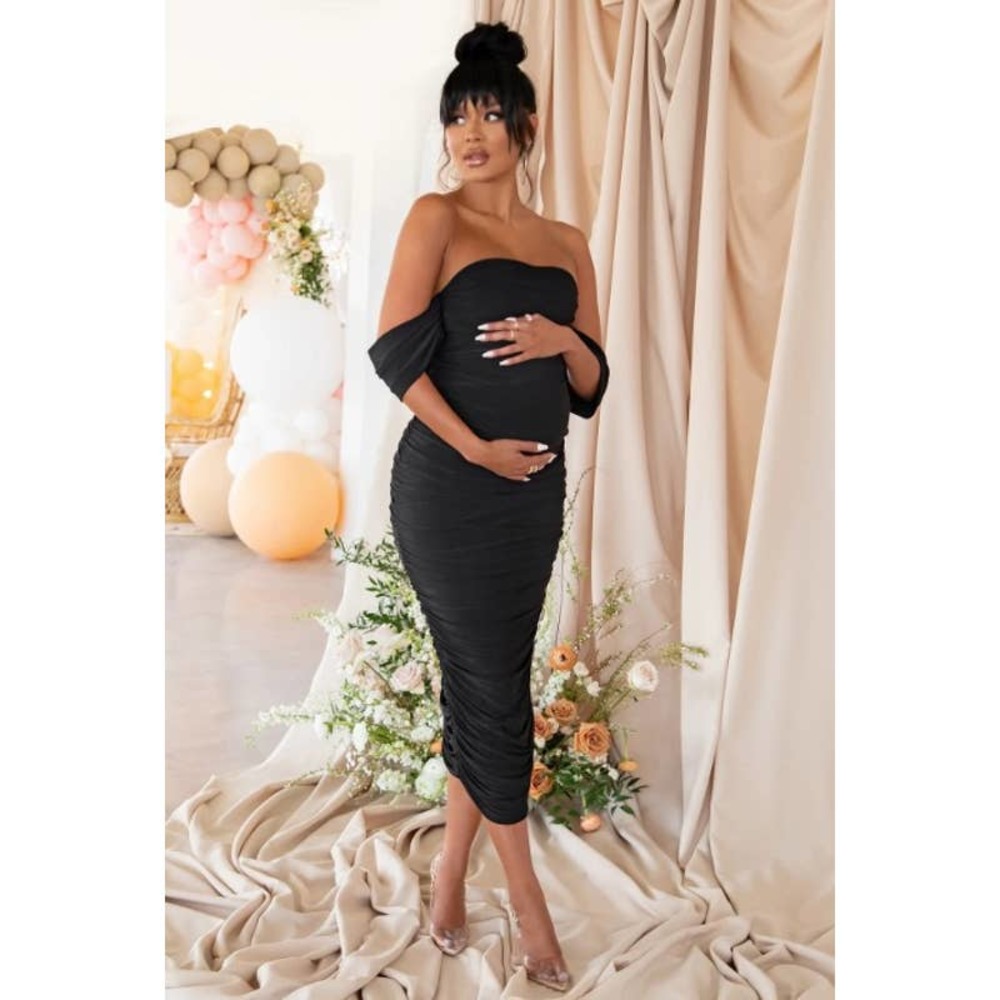 Club London Black Maternity Bardot Ruched Draped Midi Dress 6 - worn once